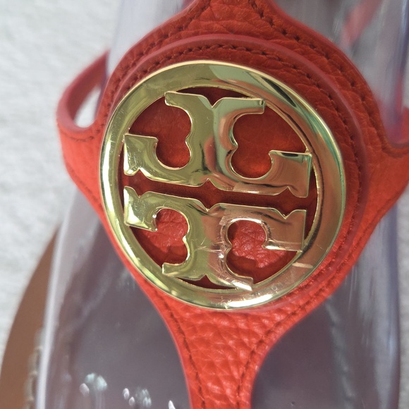 Tory Burch Orange Leather Logo T-Strap Sandals 7.5M Missing Part Of Strap - Picture 3 of 8
